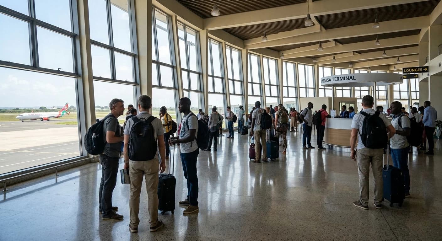 Moi International Airport terminal exterior in Mombasa, Kenya