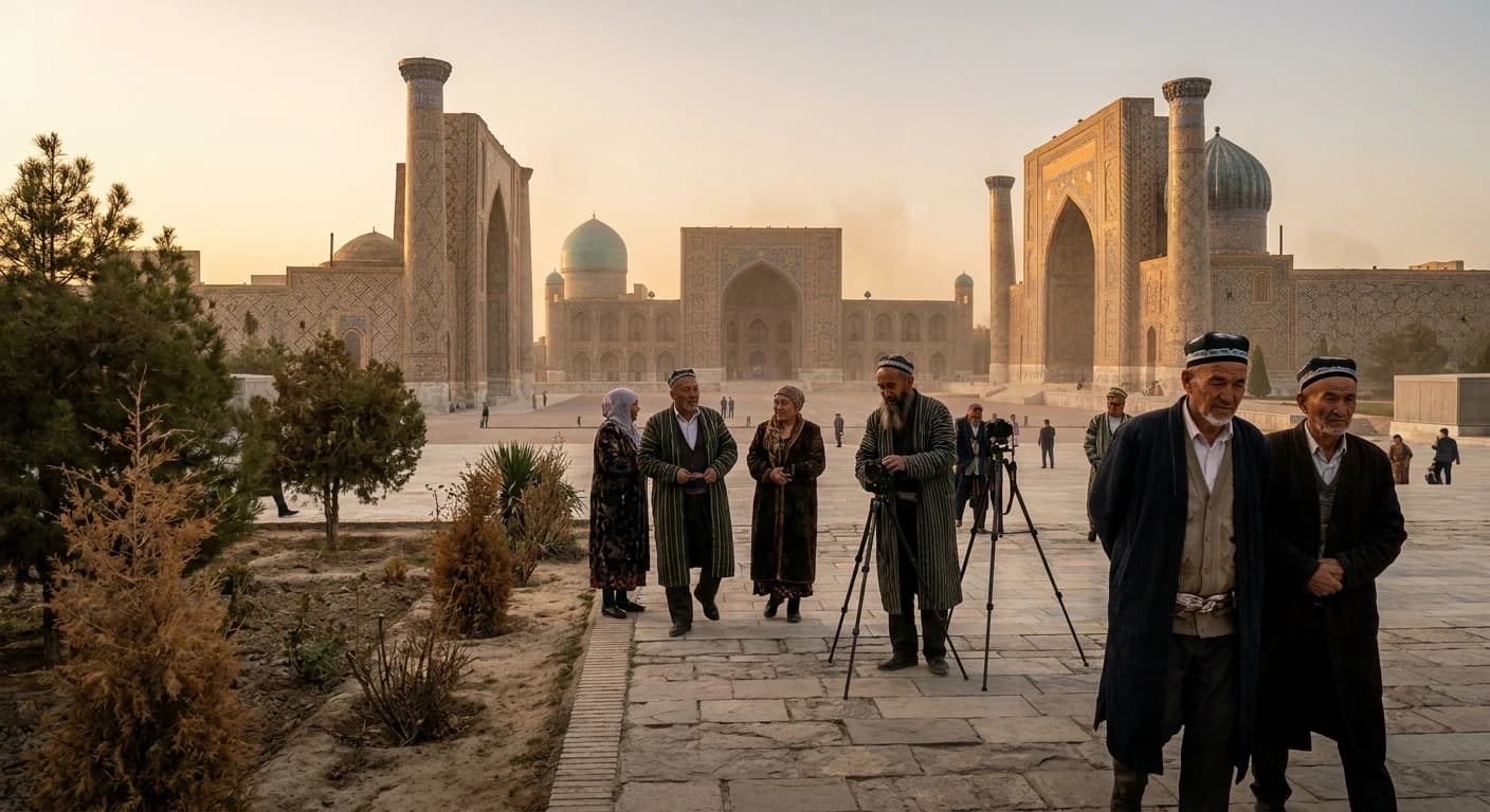 Registan Square in Samarkand with its iconic turquoise-tiled madrasahs at golden hour