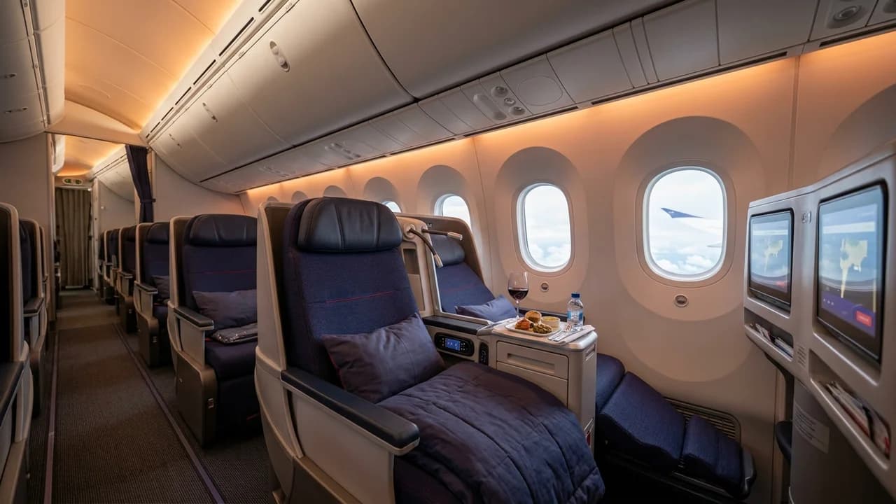 LATAM business class cabin with lie-flat suite and premium amenities
