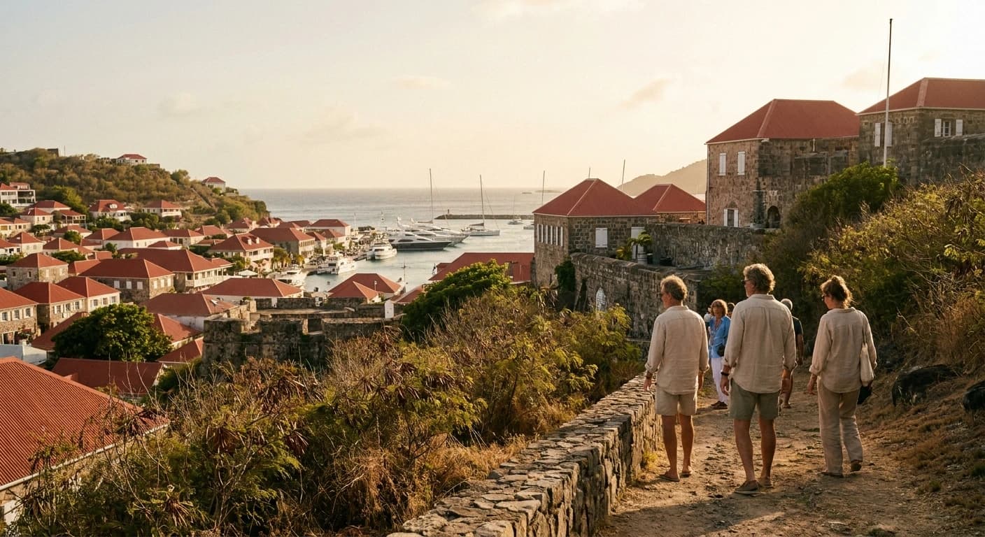 Iconic Gustavia Harbor in St. Barts with superyachts at golden hour