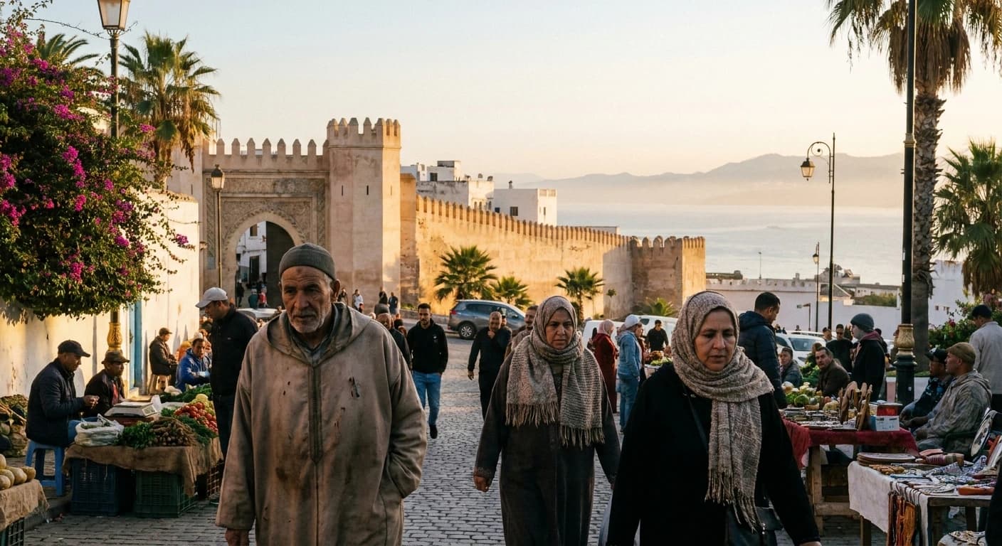 Panoramic view of Tangier's Kasbah and the Strait of Gibraltar at golden hour