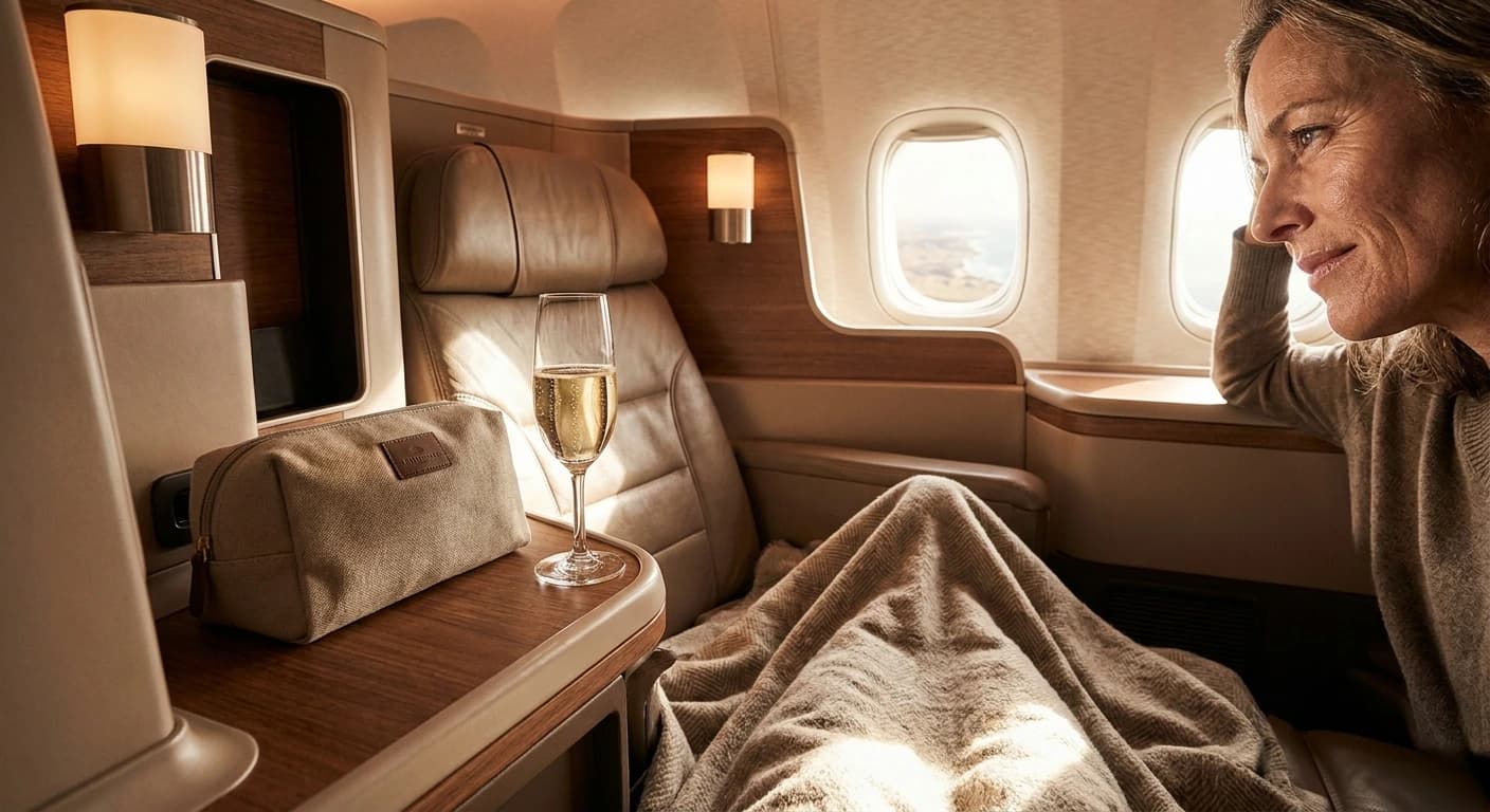 Royal Air Maroc business class cabin with lie-flat seats and Moroccan-inspired premium amenities