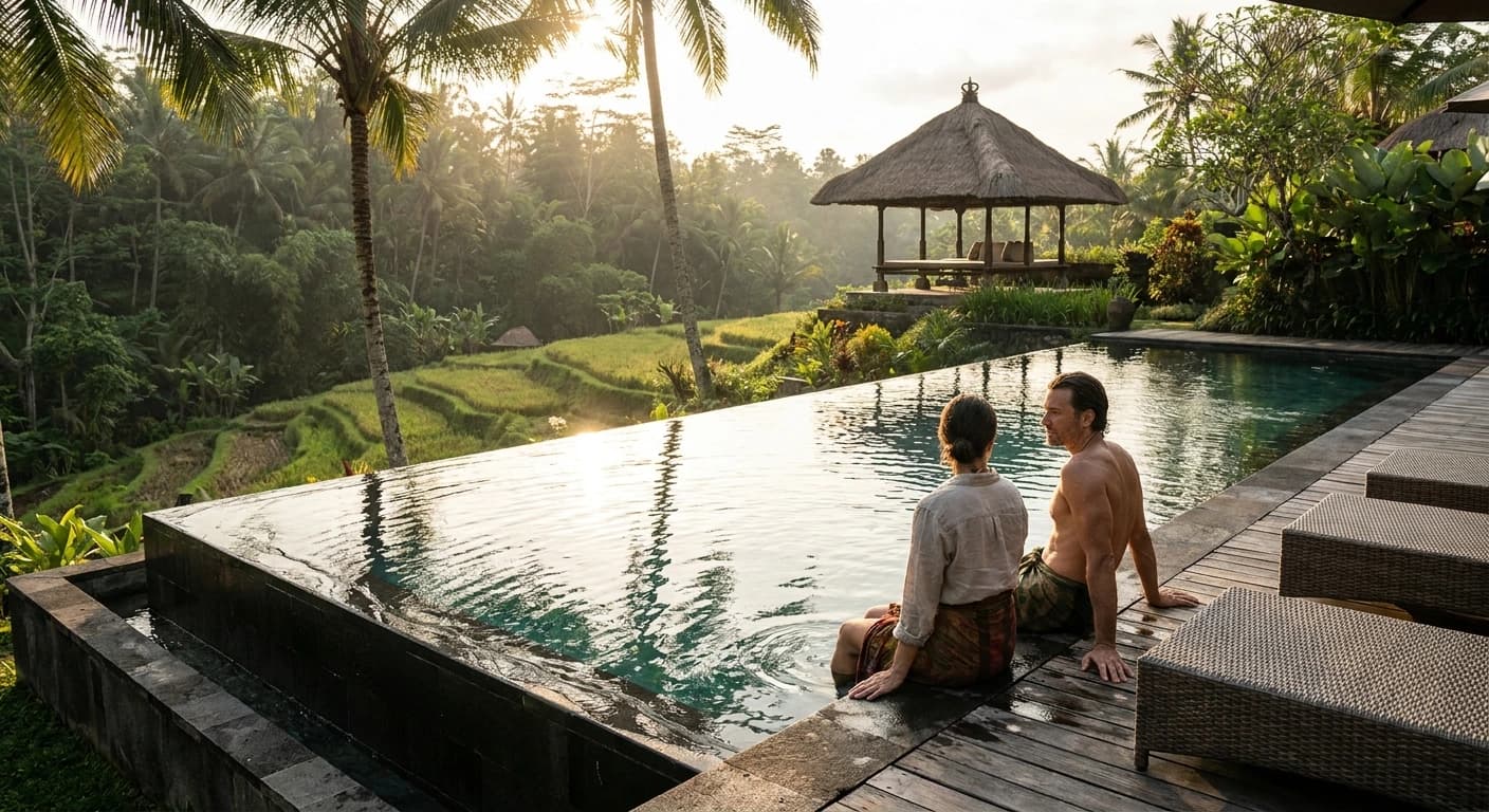 Luxury infinity pool villa overlooking Ubud jungle and rice terraces at sunset