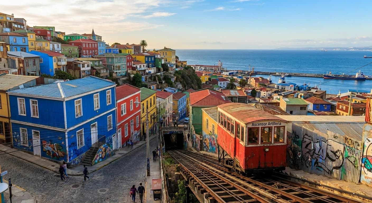 Colorful hillside houses and funicular on the cerros of Valparaíso, Chile