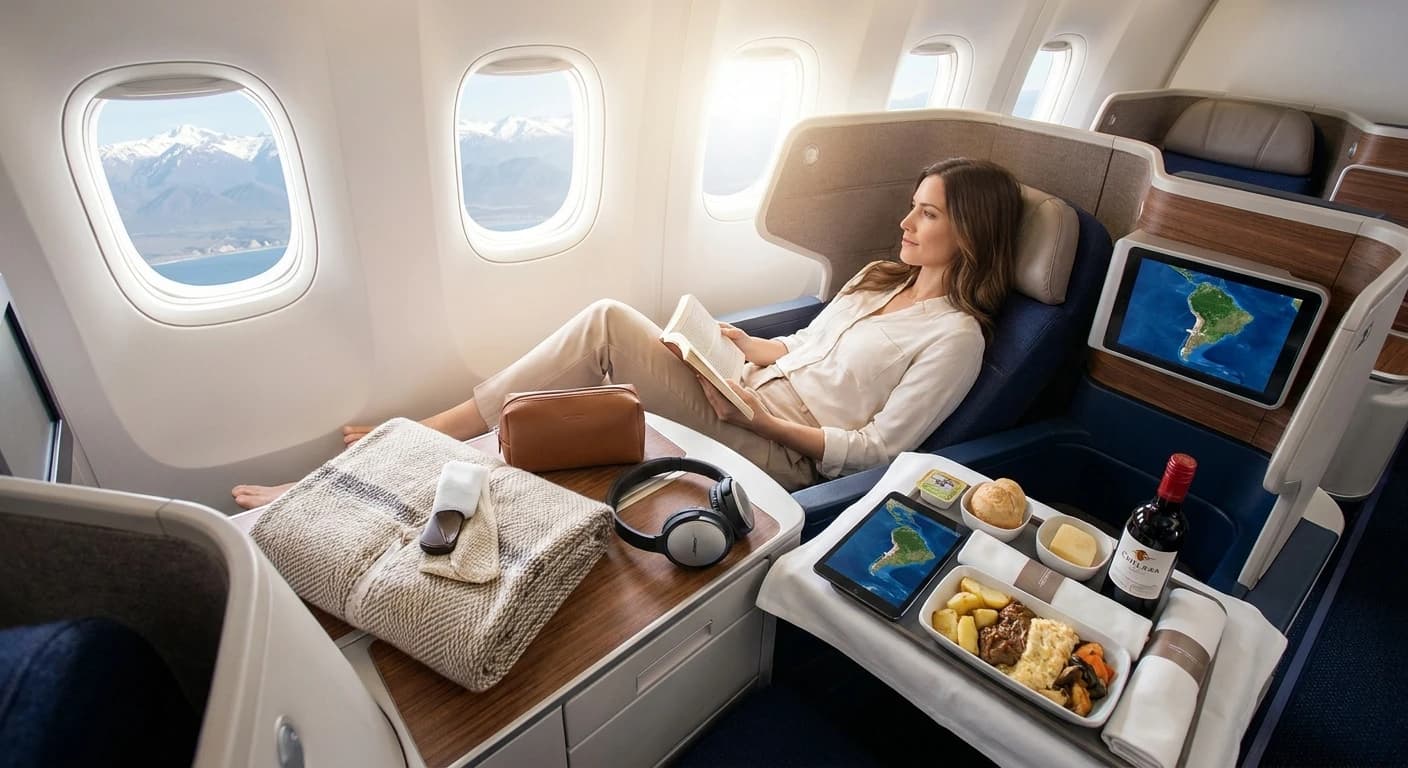 Lie-flat business class cabin with premium amenities on a flight to Santiago, Chile