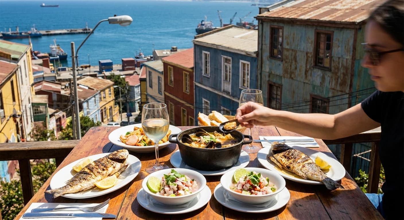 Fresh Chilean seafood and local cuisine at a restaurant in Valparaíso